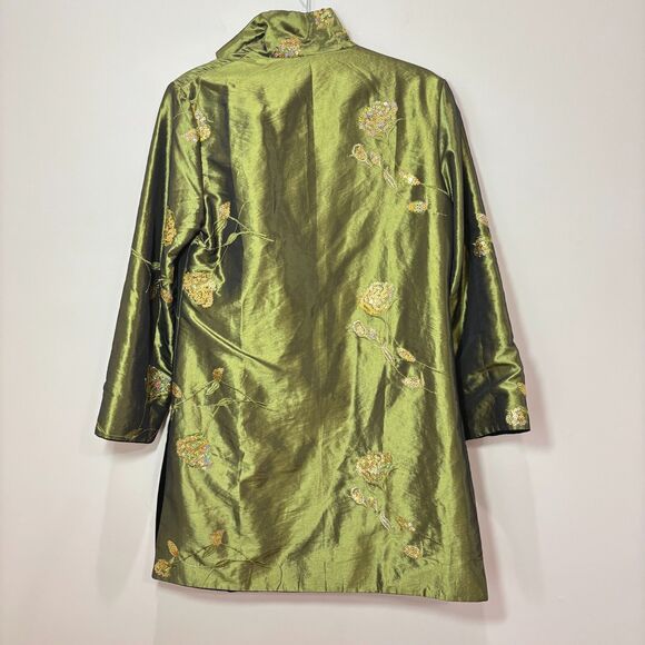 Iridescent Green Satin Velvet Jacket Embroidered Reversible Floral Women L MotB - Picture 7 of 11